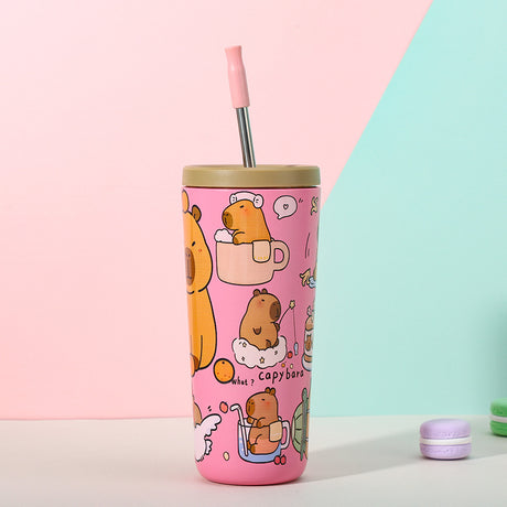 304 Stainless Steel Insulated Tumbler,Cartoon Design Portable Straw Cup for Home and Office(Pink)