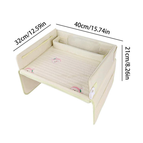 Kids Car Seat Travel Tray - Waterproof Lap Desk with Storage Pockets (Beige bunny - Round)