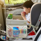 Kids Car Seat Travel Tray - Waterproof Lap Desk with Storage Pockets (Beige bunny - Round)
