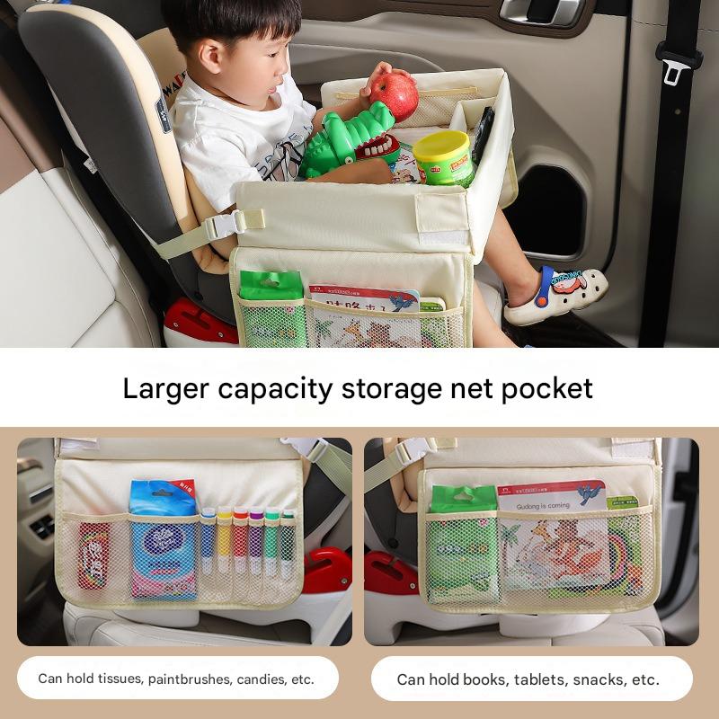 Kids Car Seat Travel Tray - Waterproof Lap Desk with Storage Pockets (Beige bunny - Round)