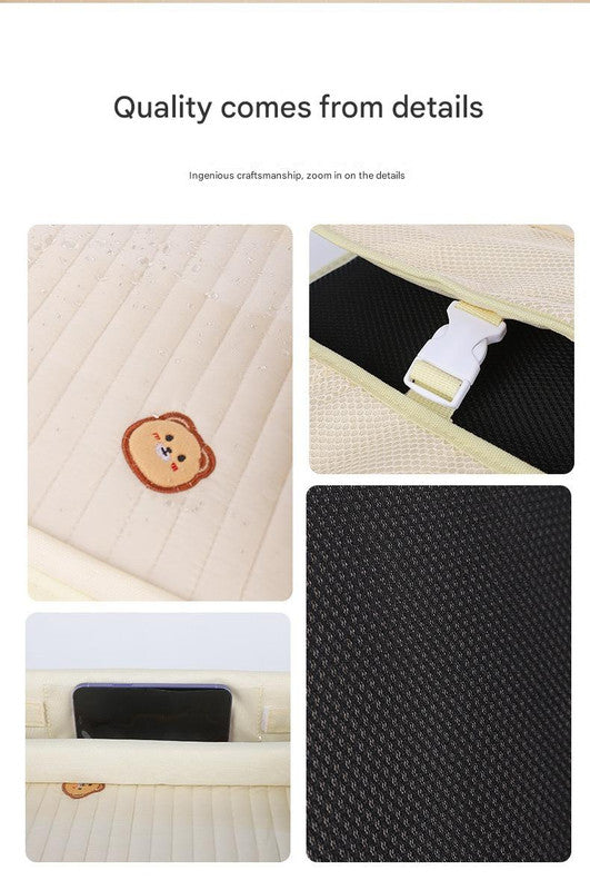 Kids Car Seat Travel Tray - Waterproof Lap Desk with Storage Pockets (Beige bunny - Round)