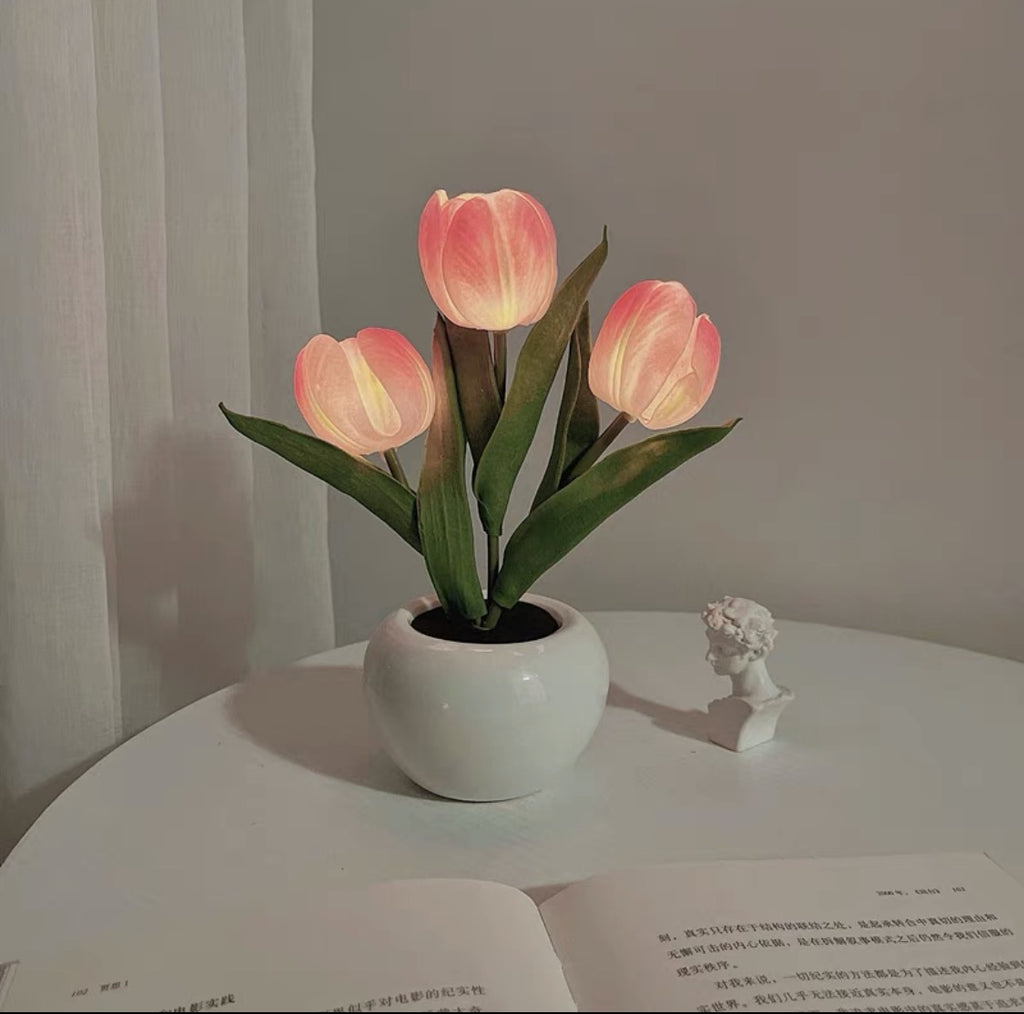 Pink Charging model Artificial Tulip Bouquet LED Light - Ceramic Pot Desk Lamp