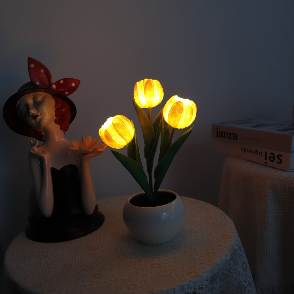 Orange Charging model Artificial Tulip Bouquet LED Light - Ceramic Pot Desk Lamp