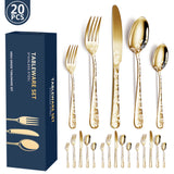 Gold Elegant 20-Piece Stainless Steel Cutlery Set with Floral Design - Dinner & Steak Knives, Forks, Spoons