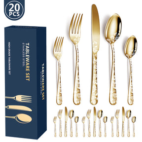 Gold Elegant 20-Piece Stainless Steel Cutlery Set with Floral Design - Dinner & Steak Knives, Forks, Spoons