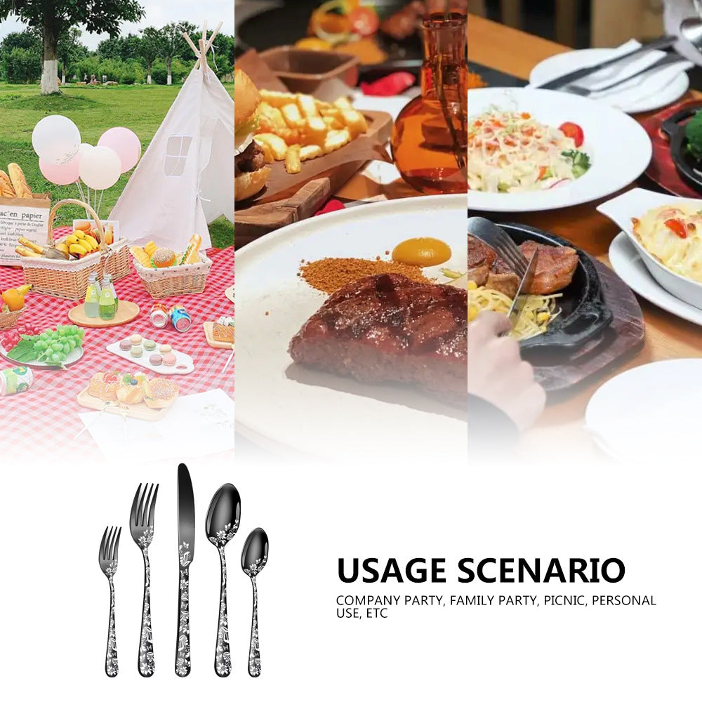 Gold Elegant 20-Piece Stainless Steel Cutlery Set with Floral Design - Dinner & Steak Knives, Forks, Spoons