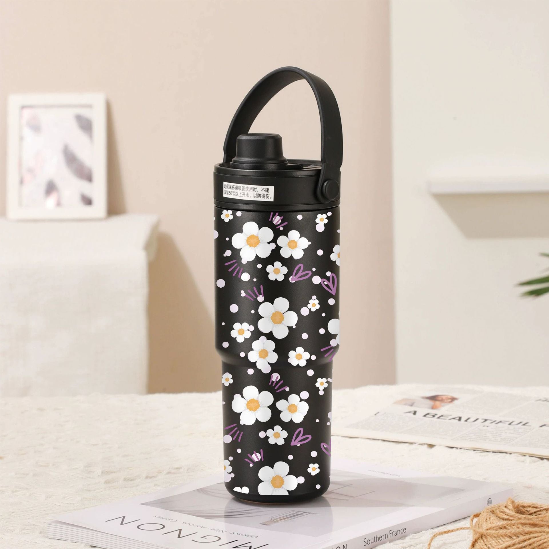 Twilight Black-White Flowers Insulated Tumbler