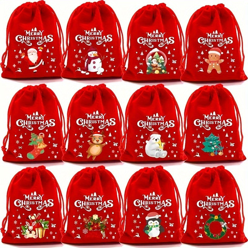 Red Flannel Christmas Drawstring Gift Bags Set