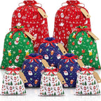 Red Flannel Christmas Drawstring Gift Bags Set