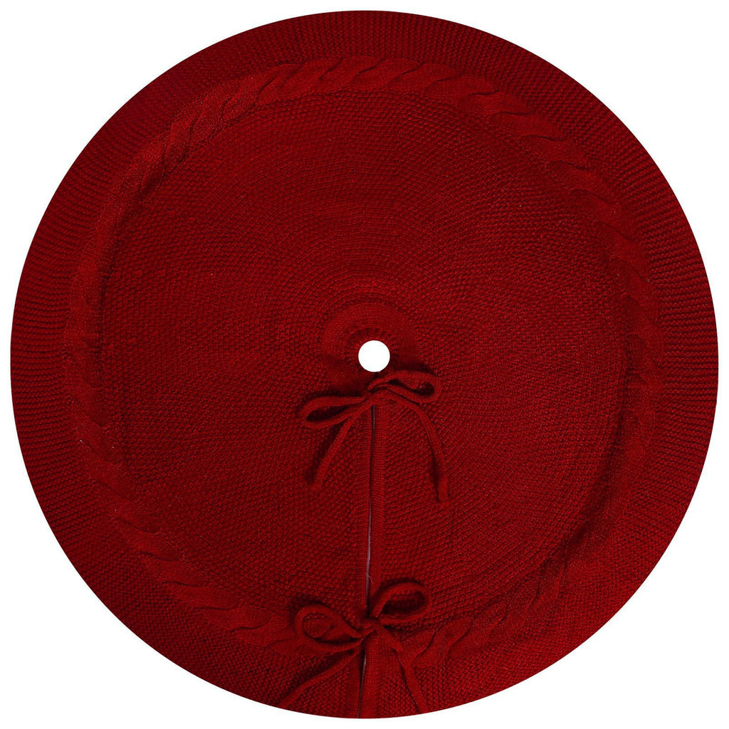 Red Knit Christmas Tree Skirt with Cable Border