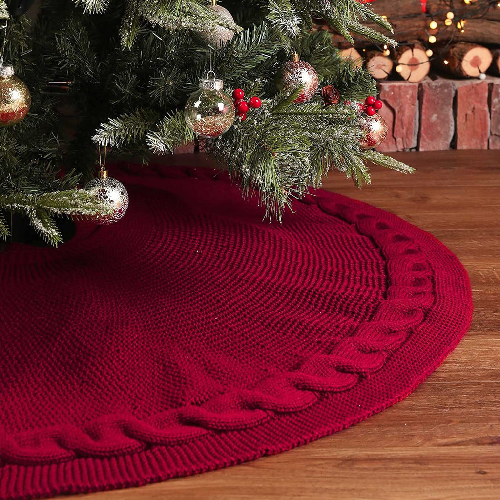 Red Knit Christmas Tree Skirt with Cable Border