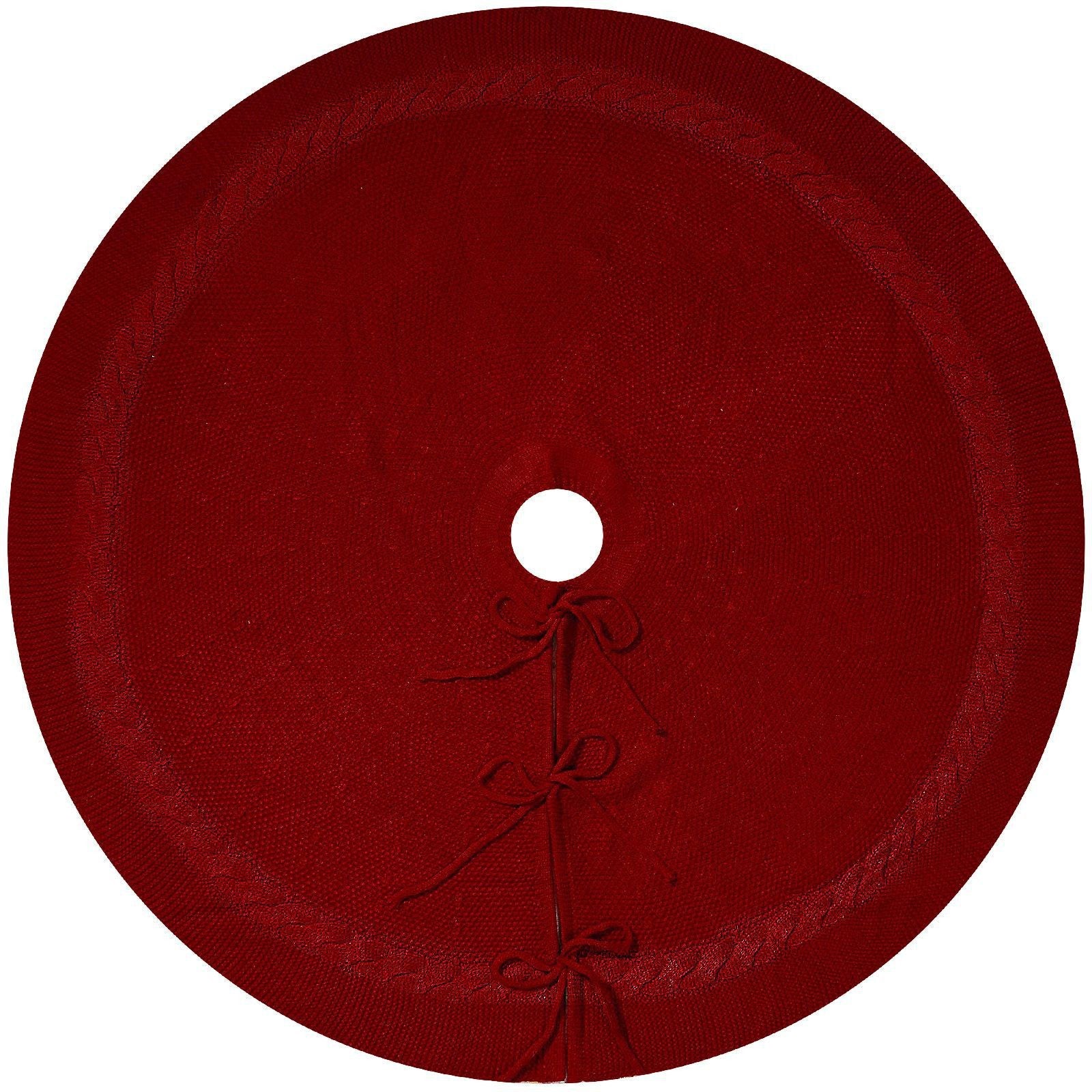 Red Knit Christmas Tree Skirt with Cable Border