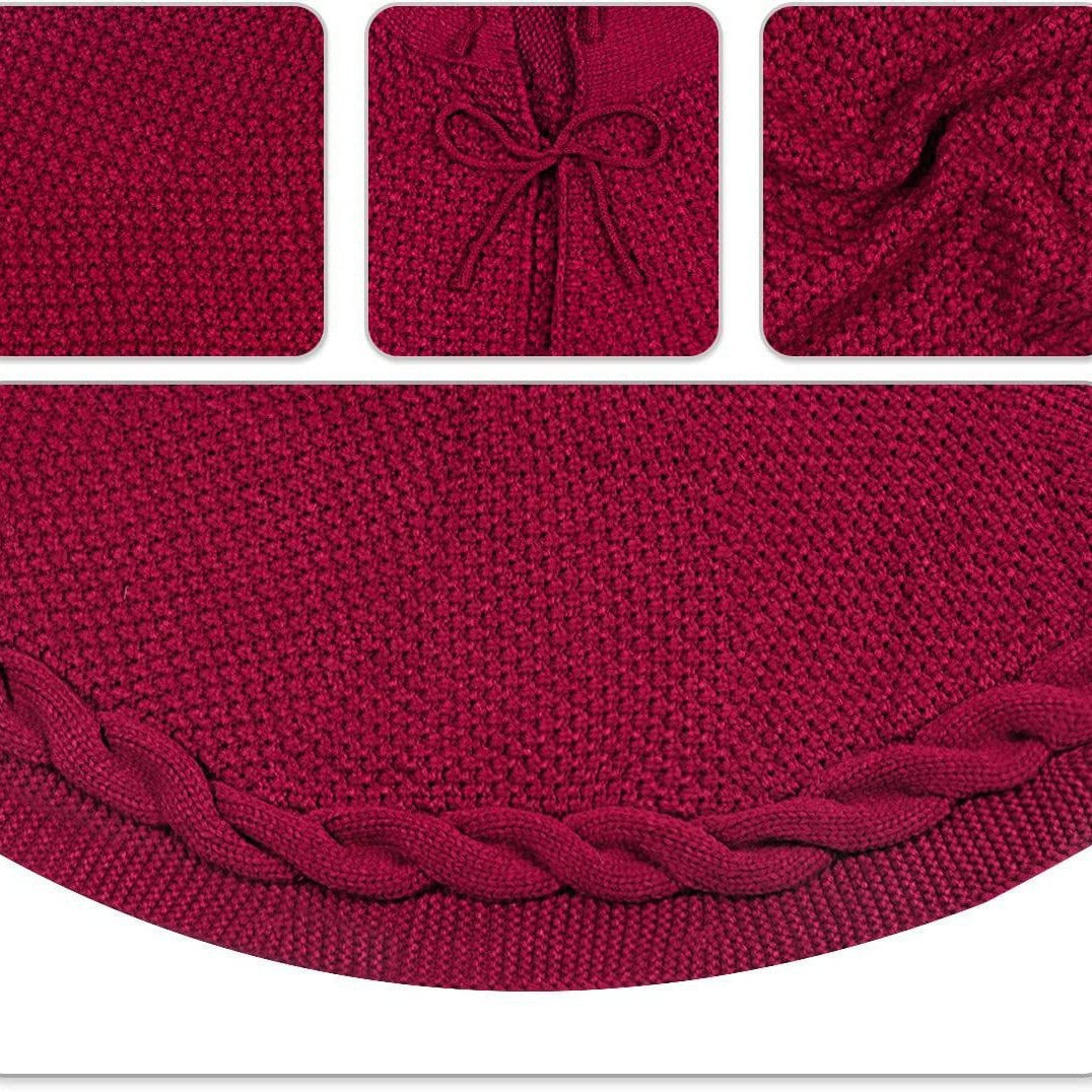Red Knit Christmas Tree Skirt with Cable Border