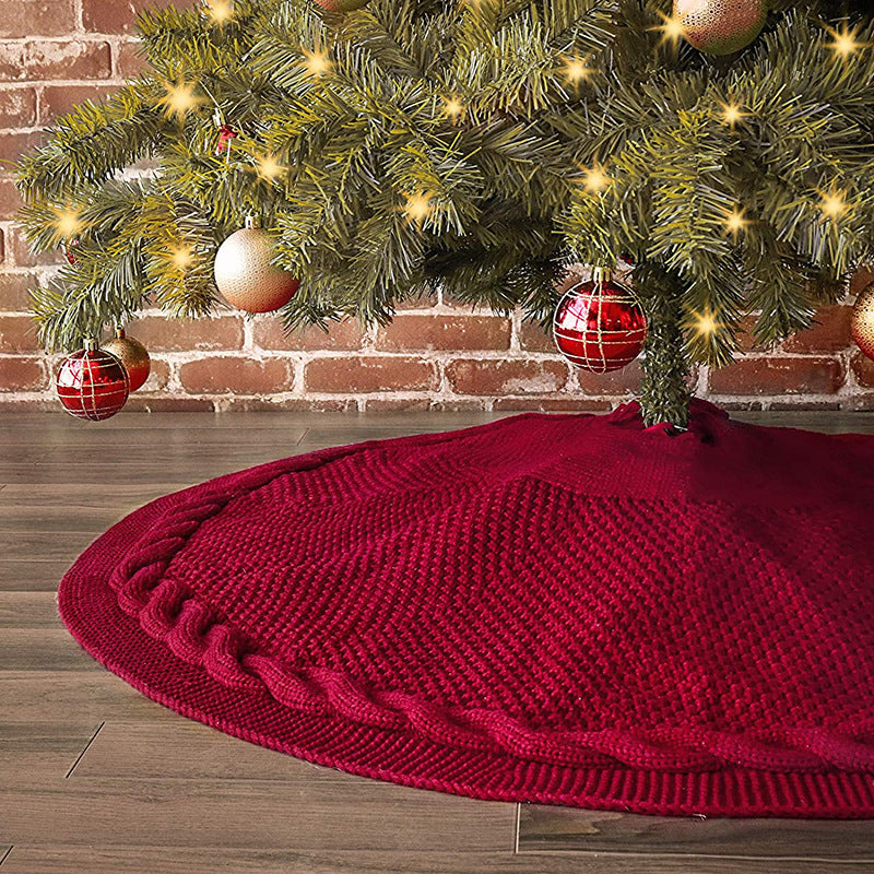 Elegant Red Knit Christmas Tree Skirt with Pom-Poms