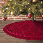 Elegant Red Knit Christmas Tree Skirt with Pom-Poms