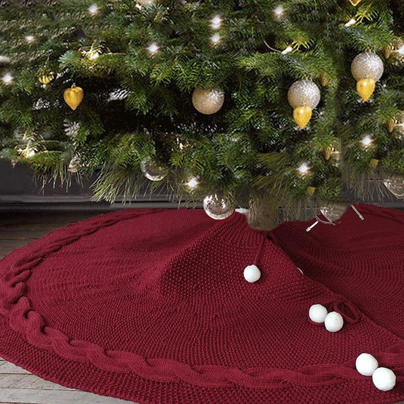 Elegant Red Knit Christmas Tree Skirt with Pom-Poms
