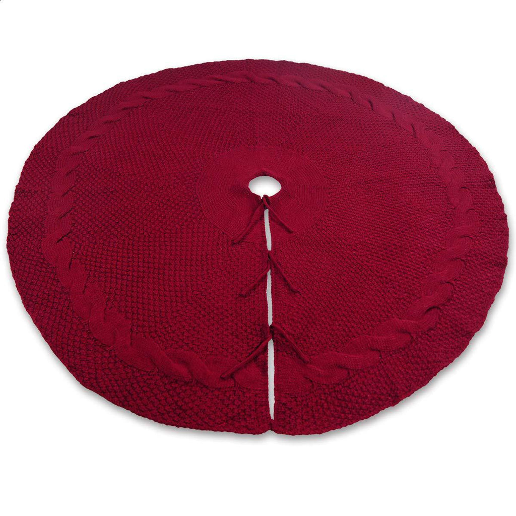 Elegant Red Knit Christmas Tree Skirt with Pom-Poms