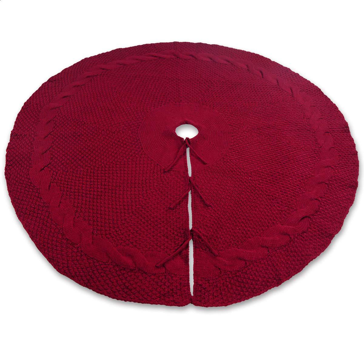 Elegant Red Knit Christmas Tree Skirt with Pom-Poms