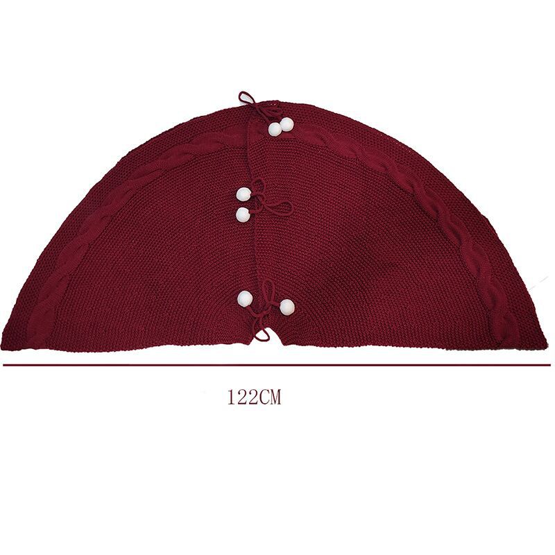 Elegant Red Knit Christmas Tree Skirt with Pom-Poms