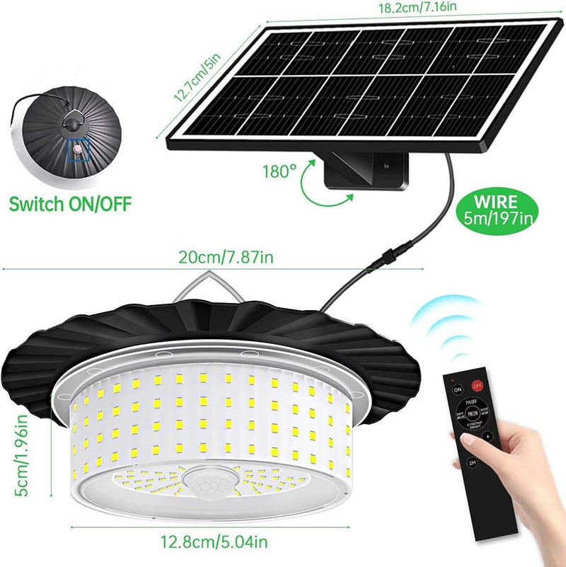 244 LED Solar Motion Sensor Pendant Light - IP65 Waterproof Barn/Patio Light with 4 Remote Modes and High Lumen Output