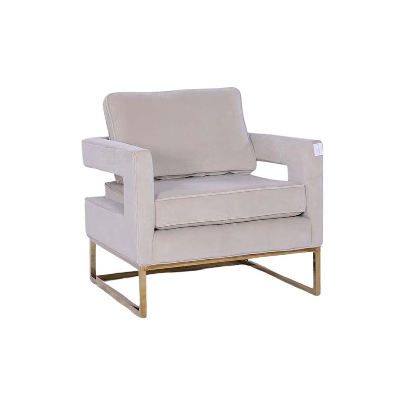 Golden Framed Grey Velvet Accent Chair with Sloped Armrests