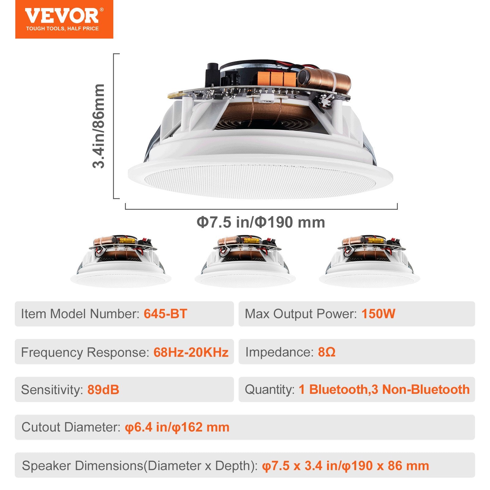 VEVOR 4 PCs 165.1 mm Bluetooth in Ceiling Speakers, 150W, Flush Mount Ceiling & in-Wall Speaker System with Impedance 89dB Sensitivity, for Home Kitchen Living Room Bedroom or Covered Porches