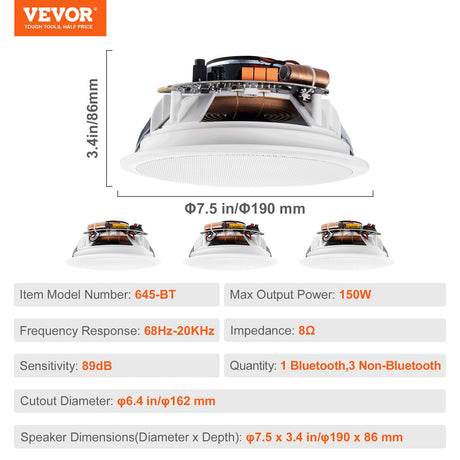 VEVOR 4 PCs 165.1 mm Bluetooth in Ceiling Speakers, 150W, Flush Mount Ceiling & in-Wall Speaker System with Impedance 89dB Sensitivity, for Home Kitchen Living Room Bedroom or Covered Porches