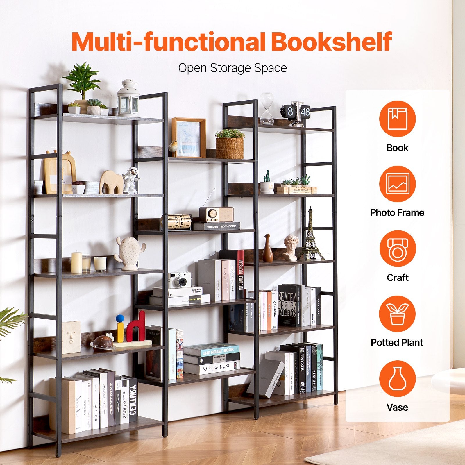 VEVOR Rustic 14-Tier Metal Bookshelf