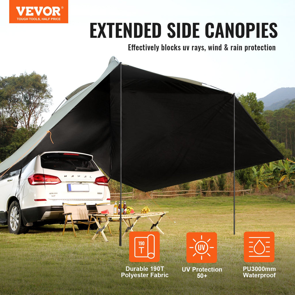 VEVOR Vehicle Awning, Large 10' x 7' Shade Coverage Car Side Awning, PU2000mm UV50+ Car Awning with Extended Side Canopies and Portable Storage Bag, Suitable for Truck, SUV, Van, Campers