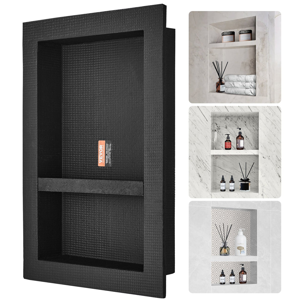 VEVOR Shower Niche Ready for Tile 40.64 x 60.96 cm, 16 x 24 inch Double Shelf Organizer, Square Corners Wall-inserted Niche Recessed, Sealed Protection Modern Soap Storage Niche for Shower Bathroom, Black