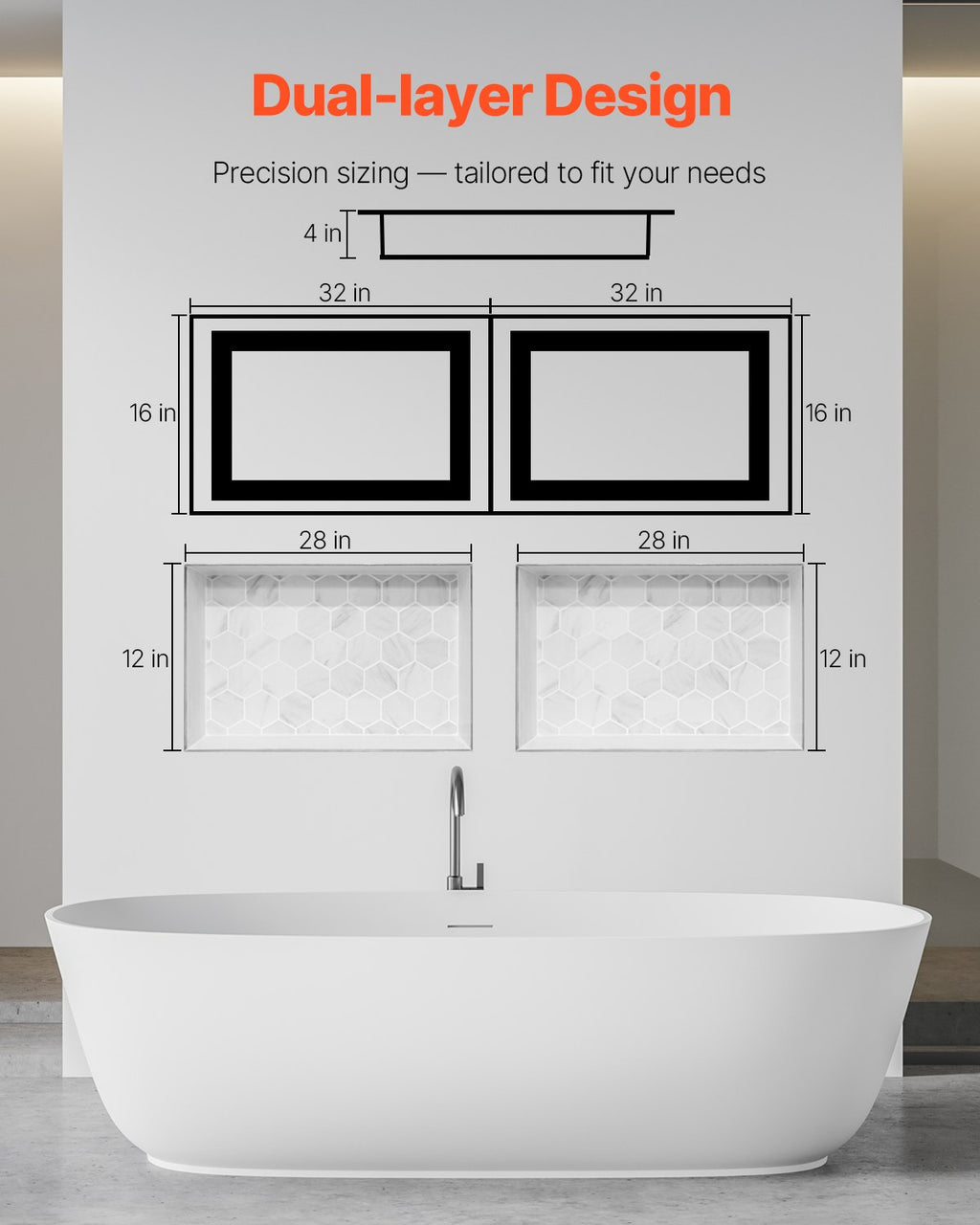 VEVOR Shower Niche 40.6 x 81.3 + 40.6 x 81.3 cm Recessed Wall Shelf Bathroom
