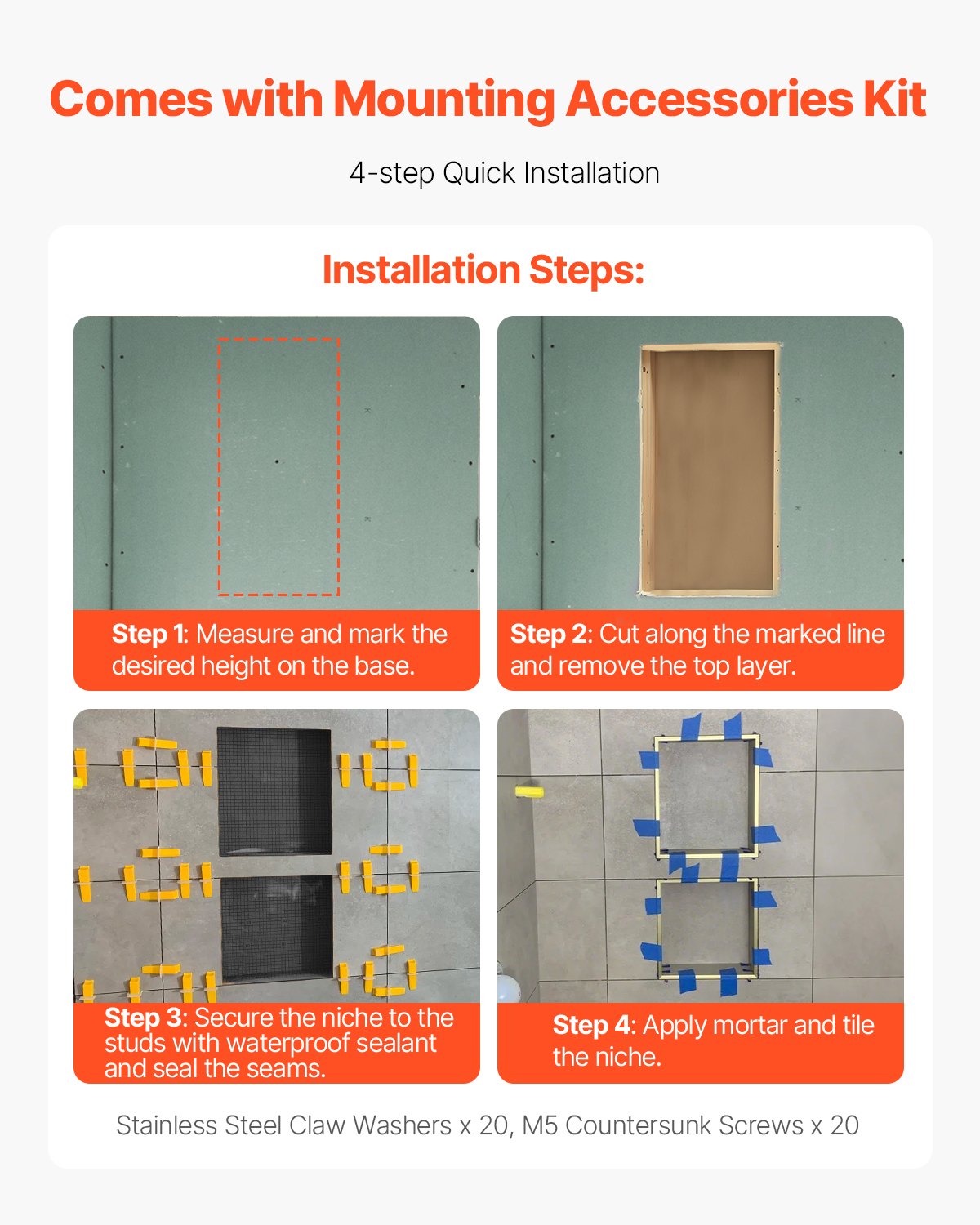 VEVOR Shower Niche 40.6 x 61+40.6 x 61 cm Recessed Wall Organizer Bathroom