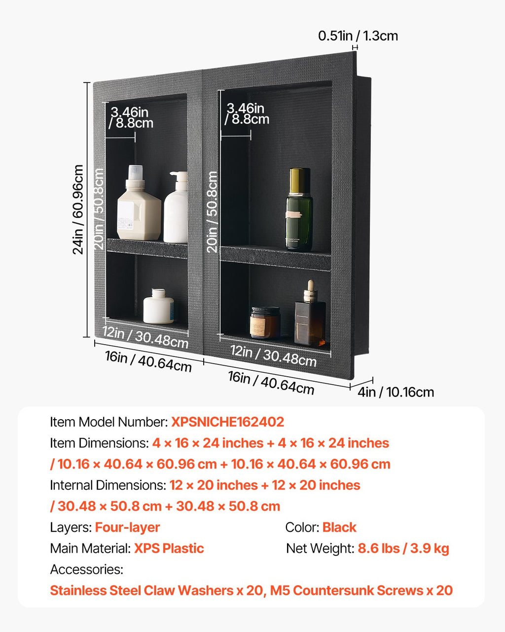 VEVOR Shower Niche 40.6 x 61+40.6 x 61 cm Recessed Wall Organizer Bathroom