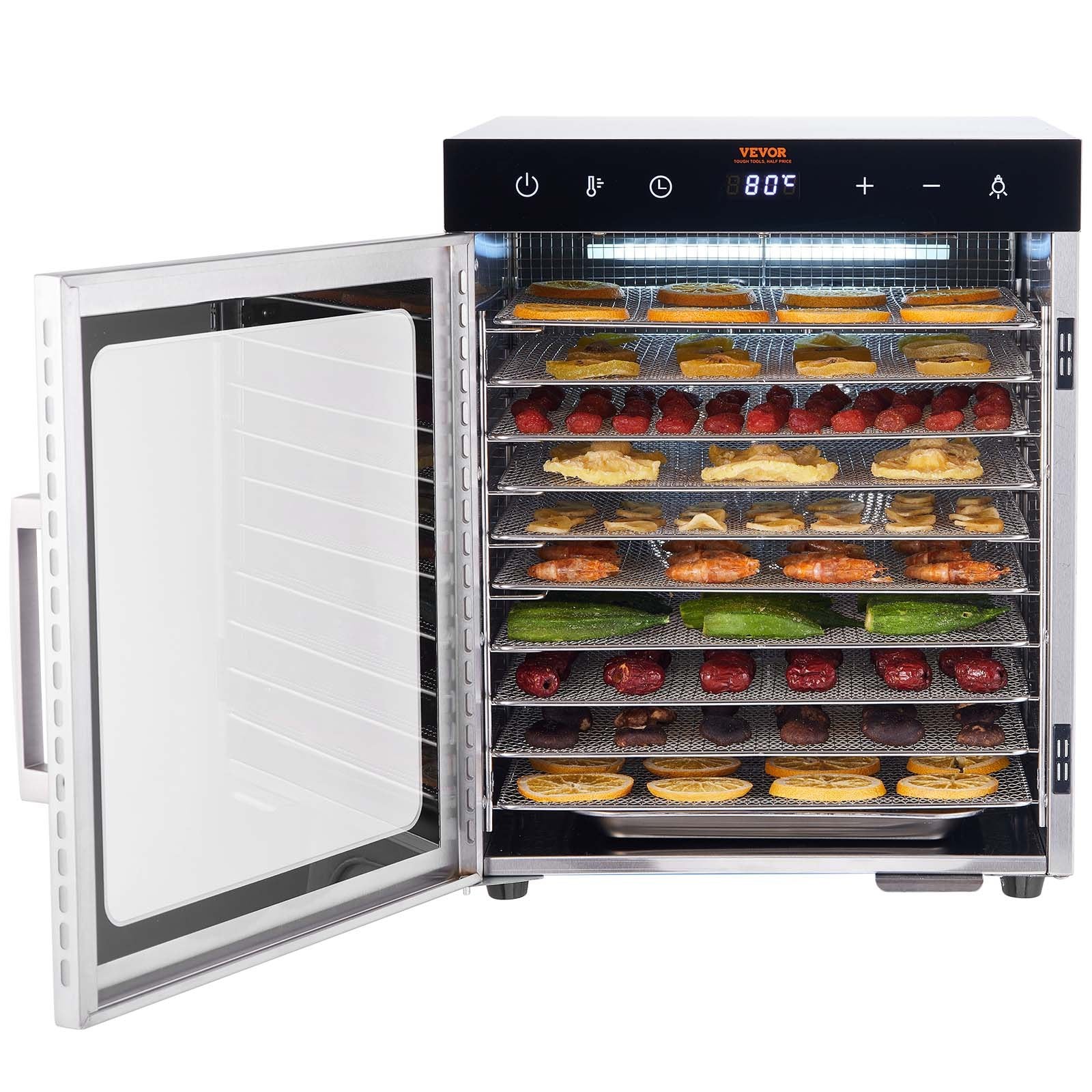 VEVOR 10 Trays Food Dehydrator Machine Stainless Steel 800W Jerky Fruit Drying