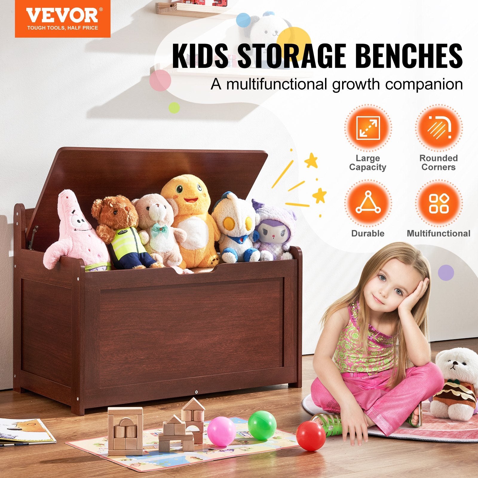 VEVOR Cherry Kids Toy Storage Bench
