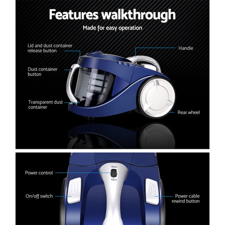 Devanti 2200W Bagless Vacuum Cleaner - Blue