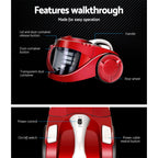 Devanti 2200W Bagless Vacuum Cleaner - Red