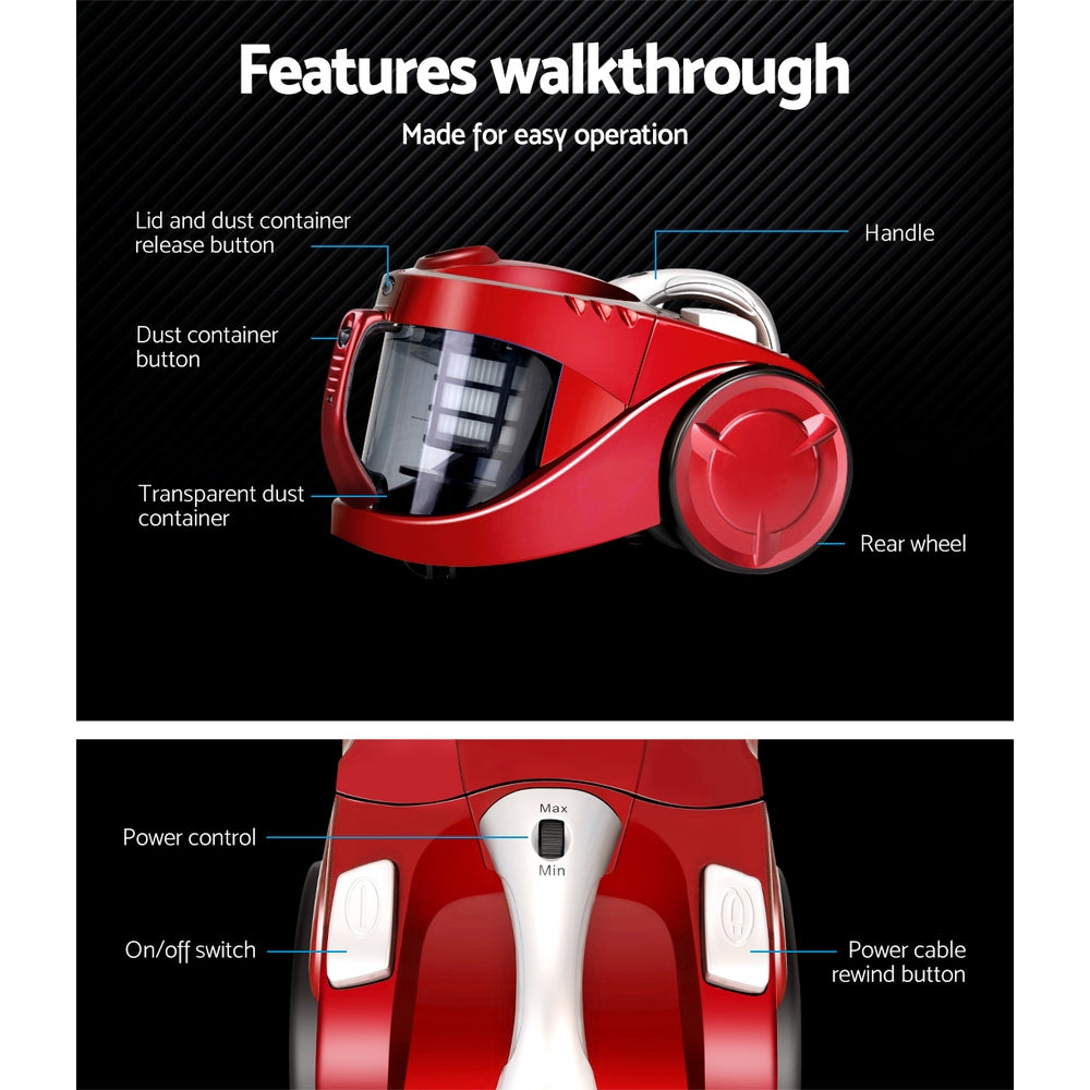 Devanti 2200W Bagless Vacuum Cleaner - Red