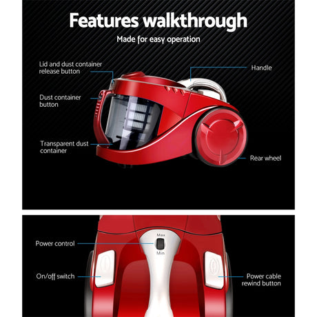 Devanti 2200W Bagless Vacuum Cleaner - Red