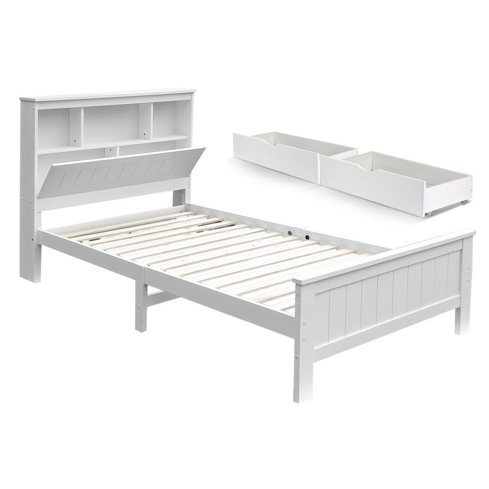 Artiss Bed Frame King Single Size Wooden with 2 Storage Drawers White